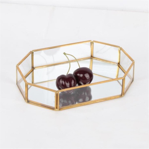 2 Size Mirror Glass Tray Octagon Cosmetic Makeup Desktop Organizer Jewelry Display Stand Holder - M