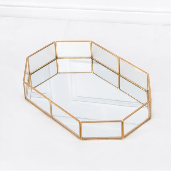 2 Size Mirror Glass Tray Octagon Cosmetic Makeup Desktop Organizer Jewelry Display Stand Holder - M