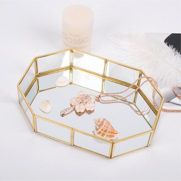 2 Size Mirror Glass Tray Octagon Cosmetic Makeup Desktop Organizer Jewelry Display Stand Holder - M