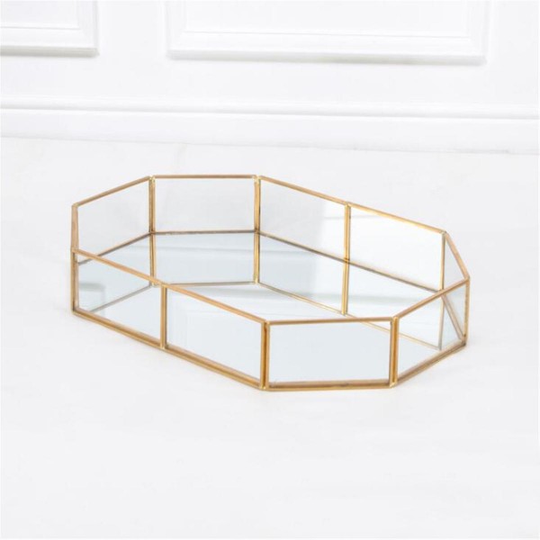 2 Size Mirror Glass Tray Octagon Cosmetic Makeup Desktop Organizer Jewelry Display Stand Holder - M