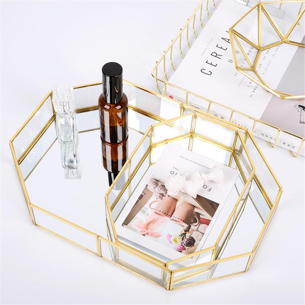 2 Size Mirror Glass Tray Octagon Cosmetic Makeup Desktop Organizer Jewelry Display Stand Holder - M
