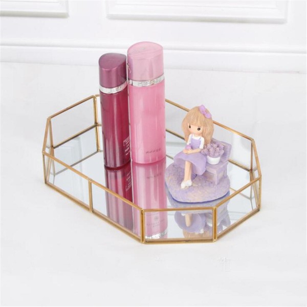 2 Size Mirror Glass Tray Octagon Cosmetic Makeup Desktop Organizer Jewelry Display Stand Holder - M