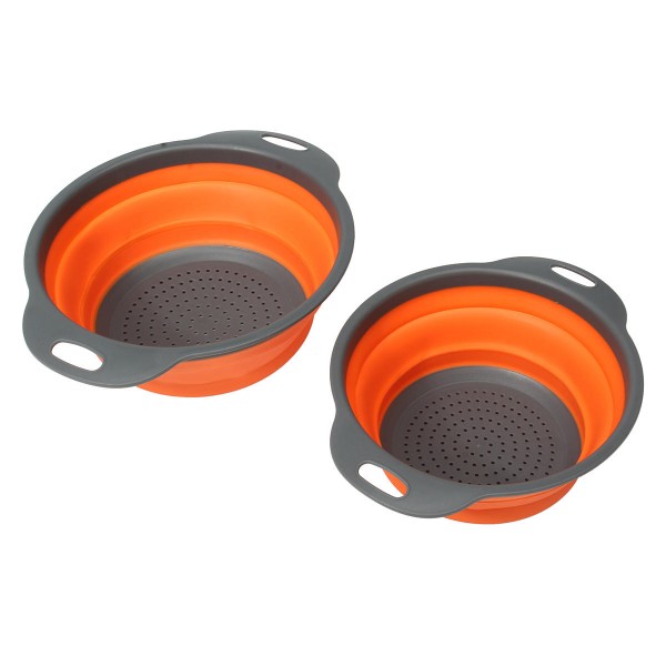 2Pcs Set Collapsible Foldable Silicone Drain Colander Fruit Vegetable Strainer Basket  - Orange
