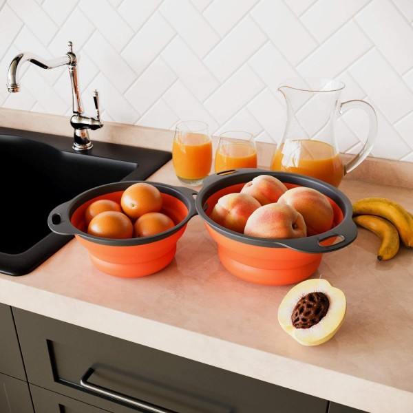 2Pcs Set Collapsible Foldable Silicone Drain Colander Fruit Vegetable Strainer Basket  - Orange