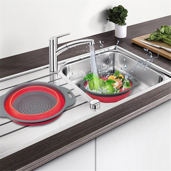 2Pcs Set Collapsible Foldable Silicone Drain Colander Fruit Vegetable Strainer Basket  - Orange