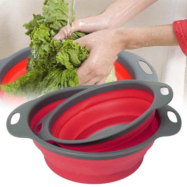 2Pcs Set Collapsible Foldable Silicone Drain Colander Fruit Vegetable Strainer Basket  - Orange