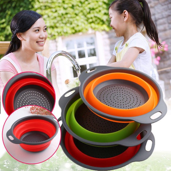 2Pcs Set Collapsible Foldable Silicone Drain Colander Fruit Vegetable Strainer Basket  - Orange