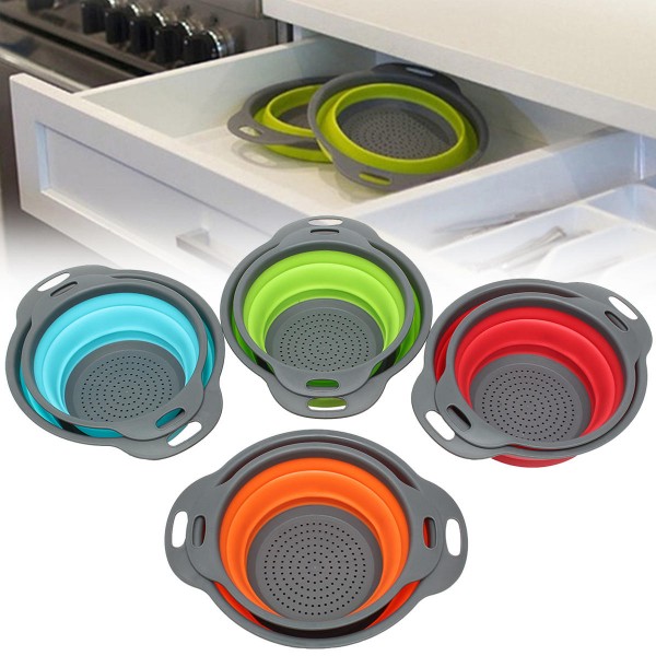 2Pcs Set Collapsible Foldable Silicone Drain Colander Fruit Vegetable Strainer Basket  - Orange